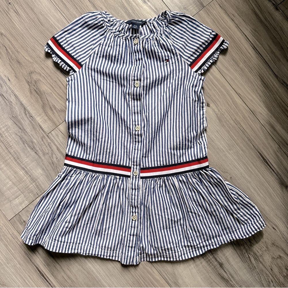Tommy Hilfiger 4T/B girls blue and white, button down, striped dress.
